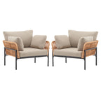 [Set of 2] 36' Beige and Light Wood-Tone Rope Iron Lounge Chair with Cushions, Perfect for Natural and Modern Spaces