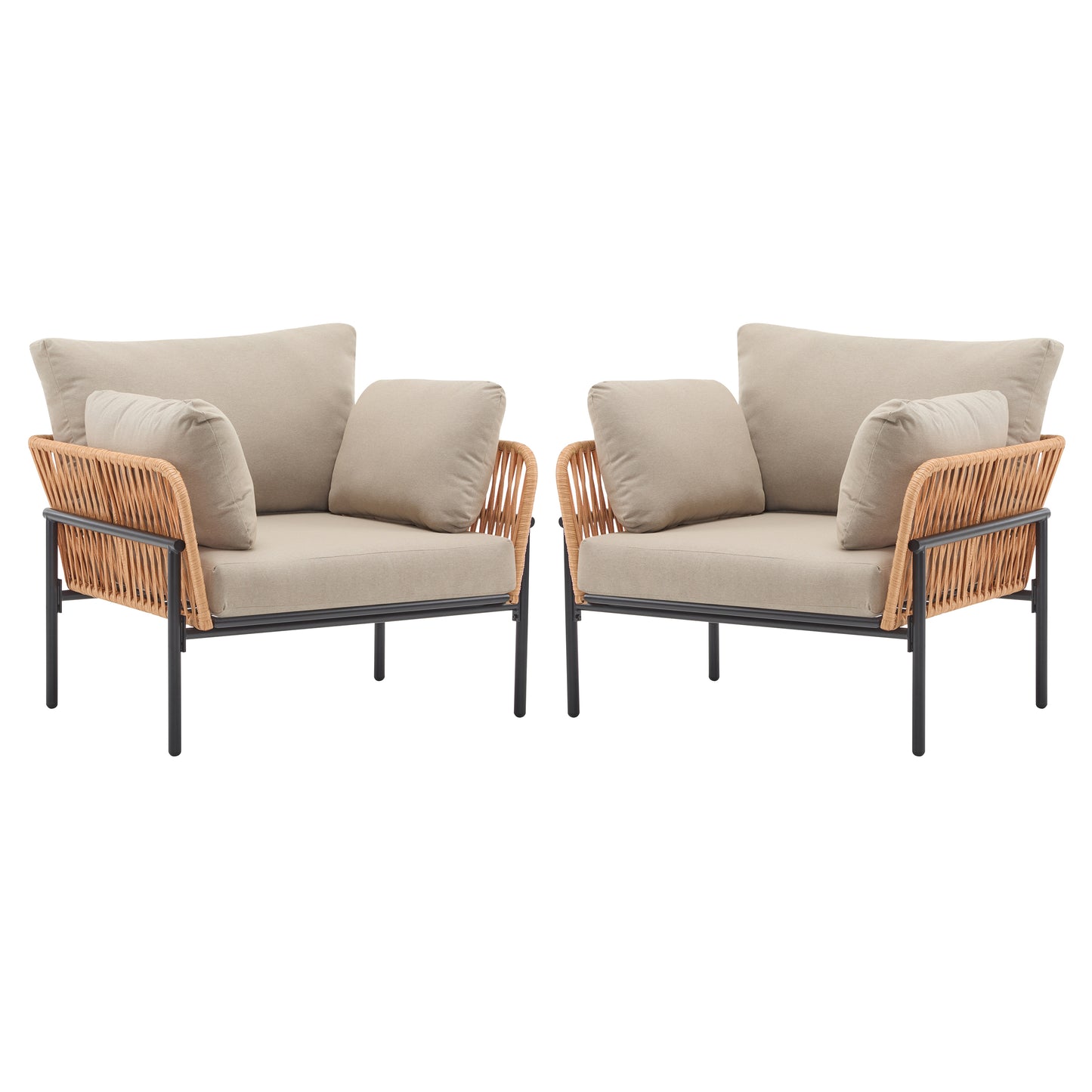 [Set of 2] 36' Beige and Light Wood-Tone Rope Iron Lounge Chair with Cushions, Perfect for Natural and Modern Spaces