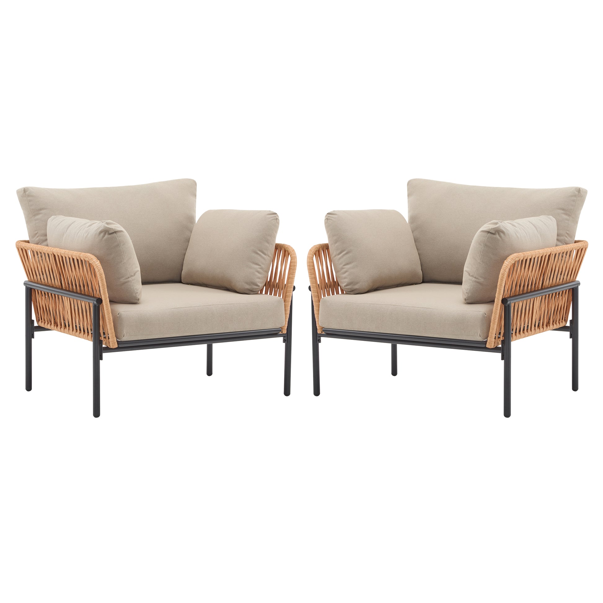 [Set of 2] 36' Beige and Light Wood-Tone Rope Iron Lounge Chair with Cushions, Perfect for Natural and Modern Spaces