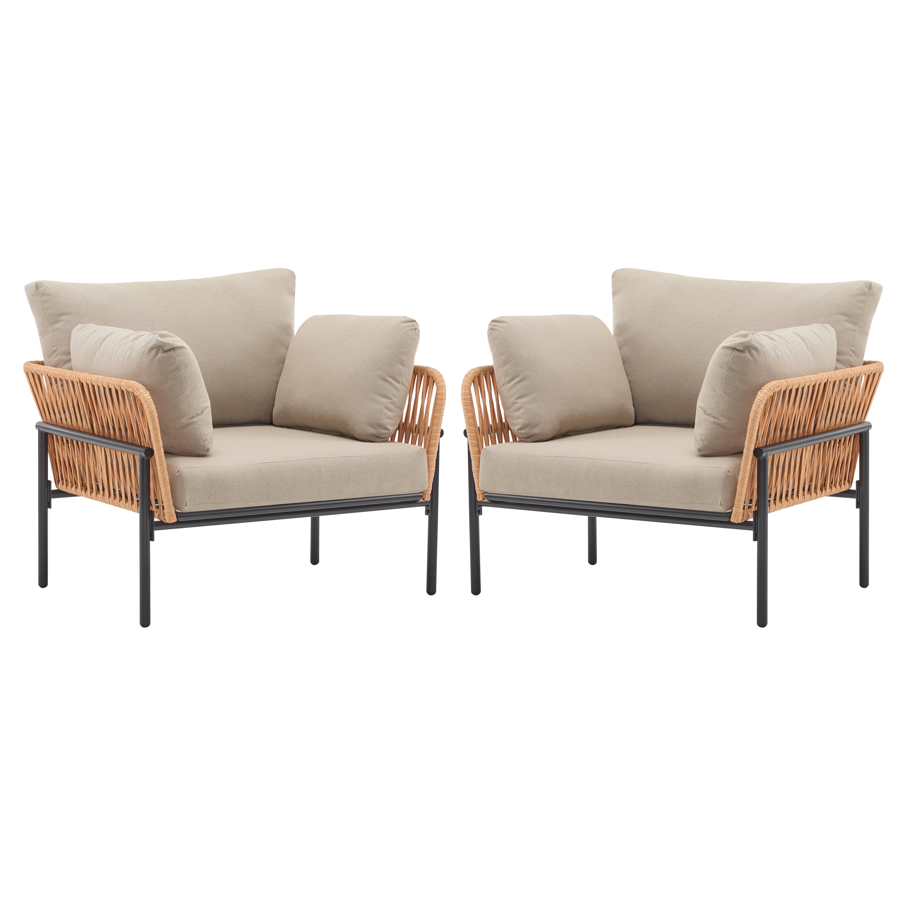 [Set of 2] 36' Beige and Light Wood-Tone Rope Iron Lounge Chair with Cushions, Perfect for Natural and Modern Spaces