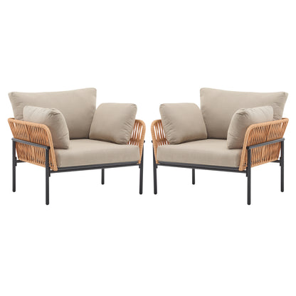 [Set of 2] 36' Beige and Light Wood-Tone Rope Iron Lounge Chair with Cushions, Perfect for Natural and Modern Spaces