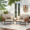 [Set of 2] 36' Beige and Light Wood-Tone Rope Iron Lounge Chair with Cushions, Perfect for Natural and Modern Spaces