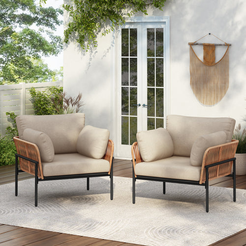 [Set of 2] 36' Beige and Light Wood-Tone Rope Iron Lounge Chair with Cushions, Perfect for Natural and Modern Spaces