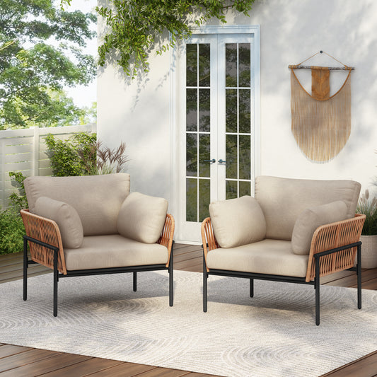 [Set of 2] 36' Beige and Light Wood-Tone Rope Iron Lounge Chair with Cushions, Perfect for Natural and Modern Spaces