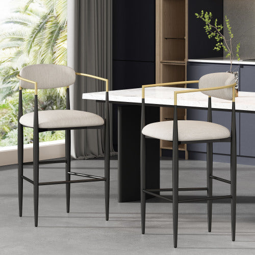 Barstools Set of 2, Counter Height Upholstered Bar Stools with Backs and Iron Legs for Kitchen Island, Beige Fabric Seating 260LBS Weight Capacity