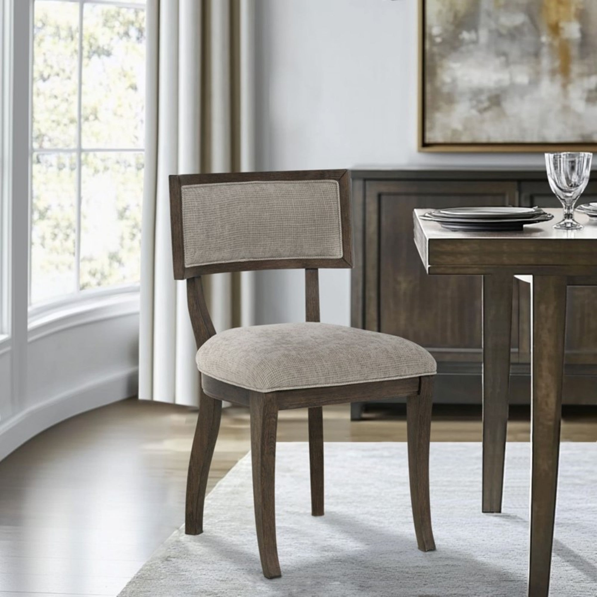 Marie Upholstered Dining Chair Set of 2 with Aged Brown Oak Finish in Beige Dining Chair
