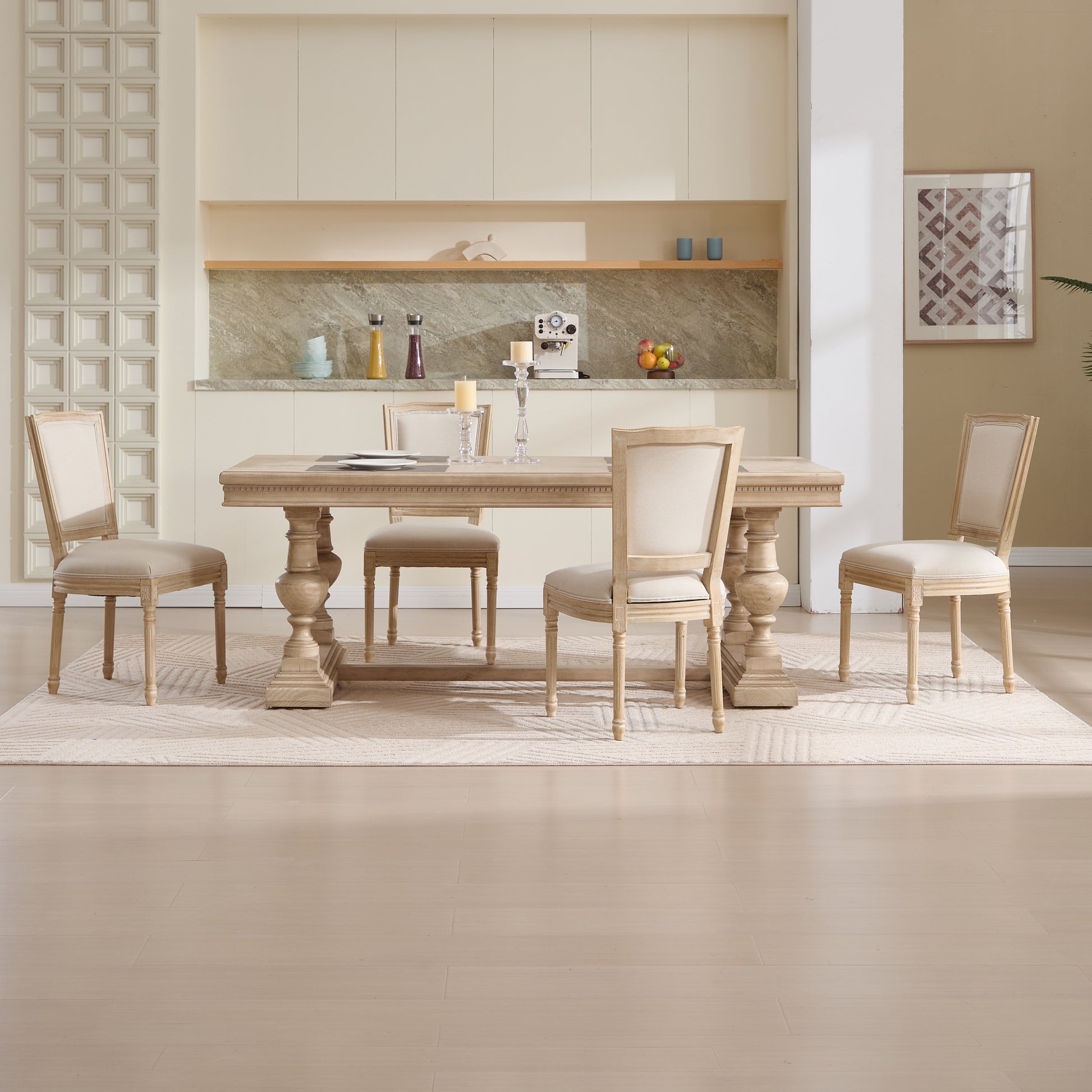 French Country Dining Chairs Set of 2, Upholstered Chairs with T-shaped Back, Wire drawing and carving techniques ,Disassemblable , for Living Room, Kitchen , Restaurant Use, Beige