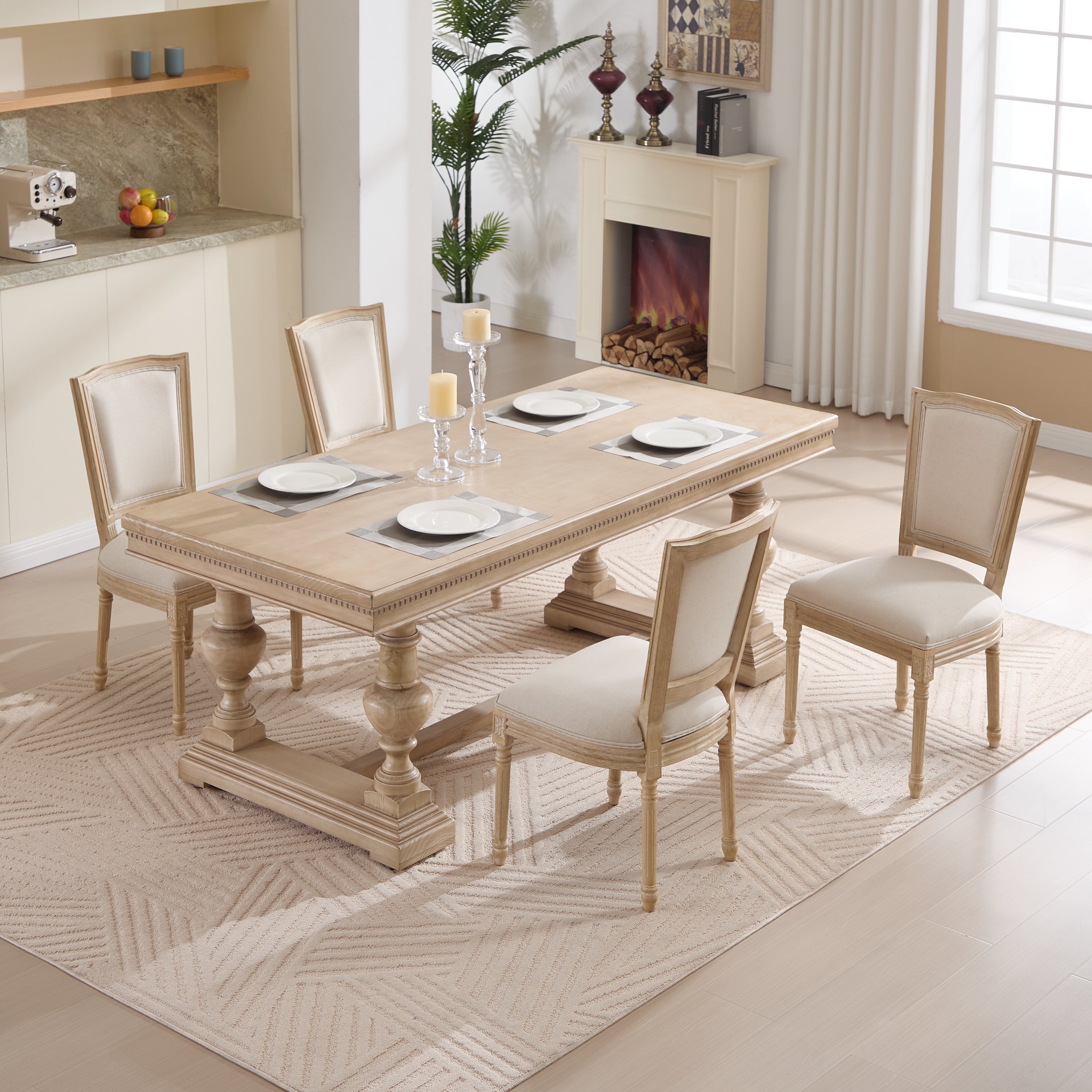 French Country Dining Chairs Set of 2, Upholstered Chairs with T-shaped Back, Wire drawing and carving techniques ,Disassemblable , for Living Room, Kitchen , Restaurant Use, Beige