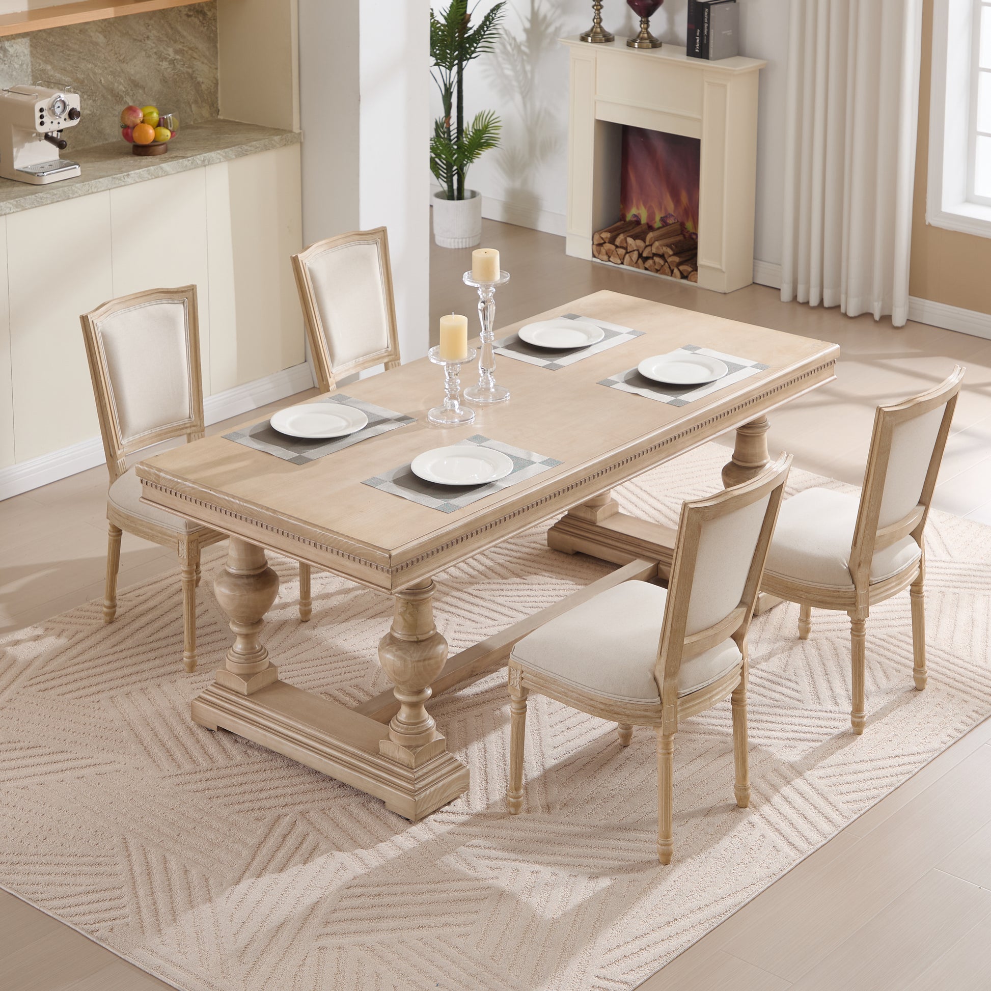 French Country Dining Chairs Set of 2, Upholstered Chairs with T-shaped Back, Wire drawing and carving techniques ,Disassemblable , for Living Room, Kitchen , Restaurant Use, Beige