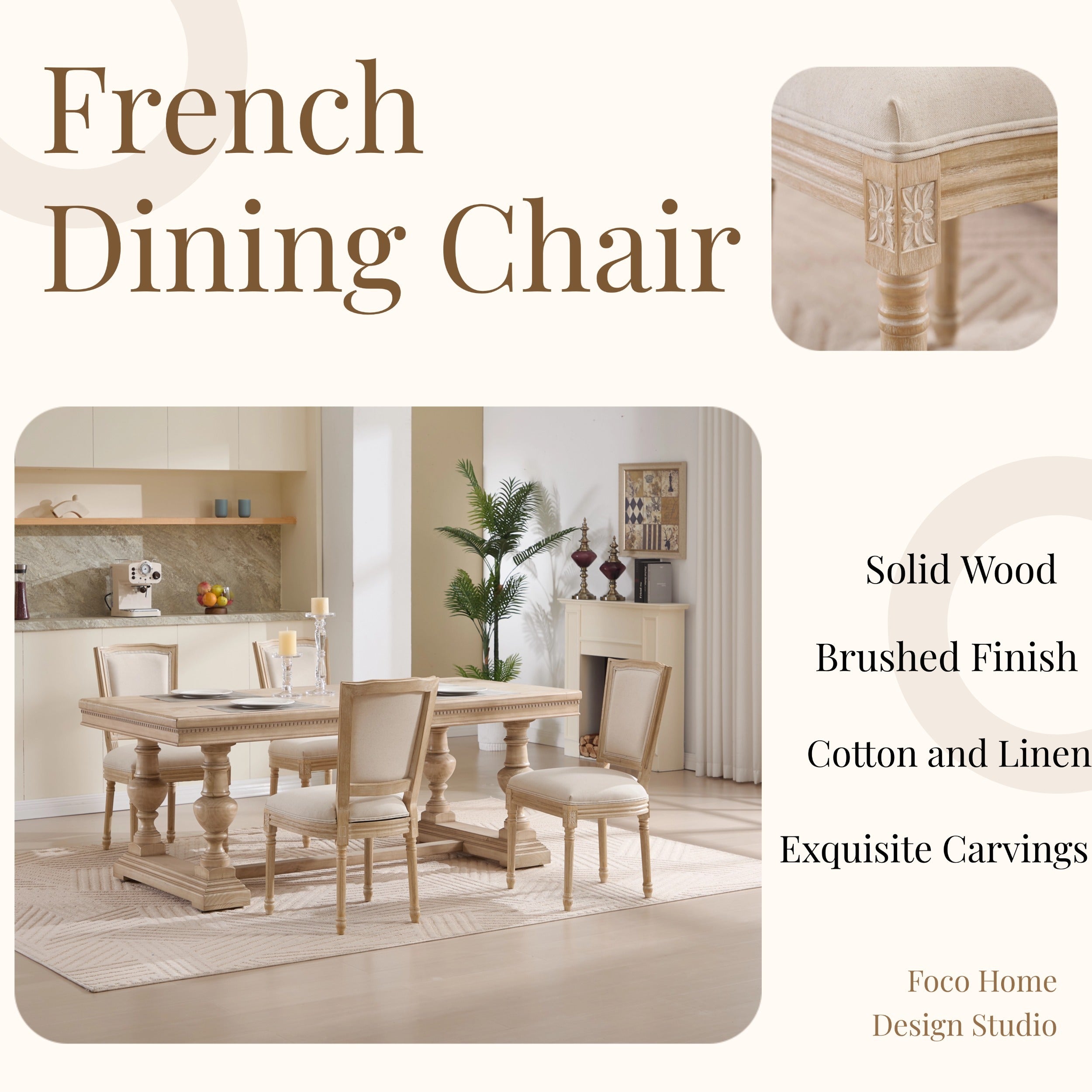 French Country Dining Chairs Set of 2, Upholstered Chairs with T-shaped Back, Wire drawing and carving techniques ,Disassemblable , for Living Room, Kitchen , Restaurant Use, Beige