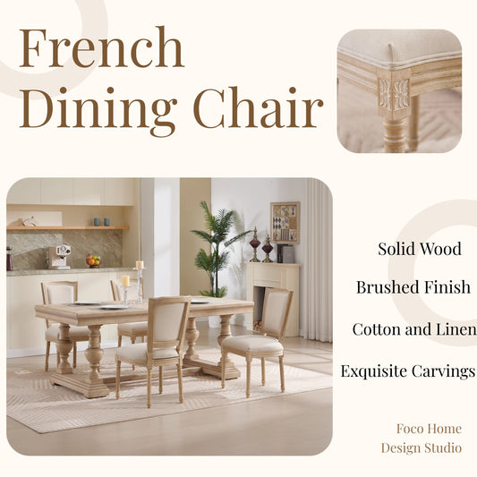French Country Dining Chairs Set of 2, Upholstered Chairs with T-shaped Back, Wire drawing and carving techniques ,Disassemblable , for Living Room, Kitchen , Restaurant Use, Beige