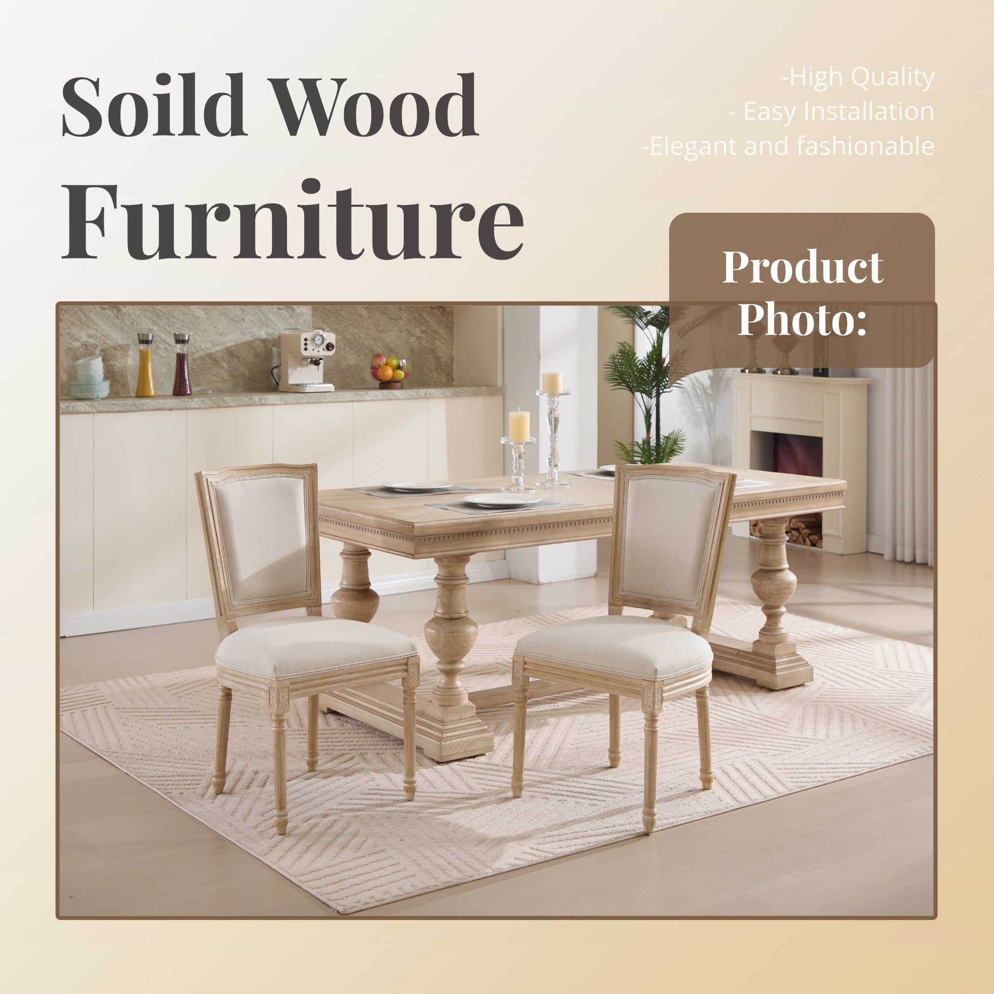 French Country Dining Chairs Set of 2, Upholstered Chairs with T-shaped Back, Wire drawing and carving techniques ,Disassemblable , for Living Room, Kitchen , Restaurant Use, Beige