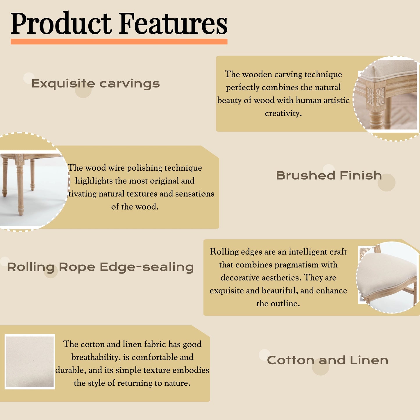 French Country Dining Chairs Set of 2, Upholstered Chairs with T-shaped Back, Wire drawing and carving techniques ,Disassemblable , for Living Room, Kitchen , Restaurant Use, Beige