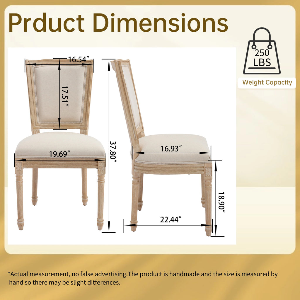 French Country Dining Chairs Set of 2, Upholstered Chairs with T-shaped Back, Wire drawing and carving techniques ,Disassemblable , for Living Room, Kitchen , Restaurant Use, Beige