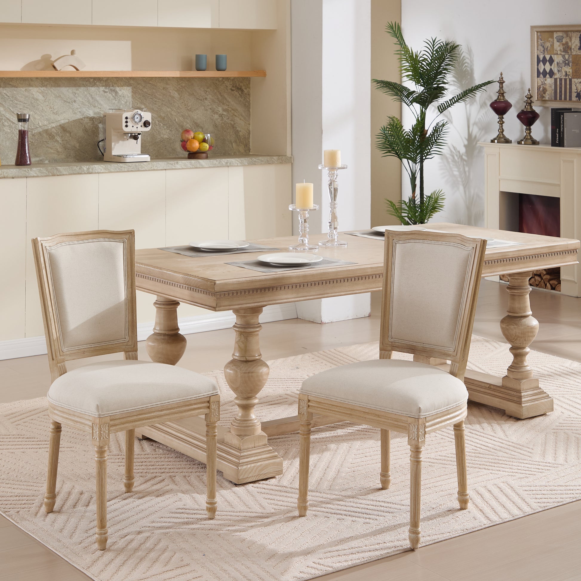 French Country Dining Chairs Set of 2, Upholstered Chairs with T-shaped Back, Wire drawing and carving techniques ,Disassemblable , for Living Room, Kitchen , Restaurant Use, Beige