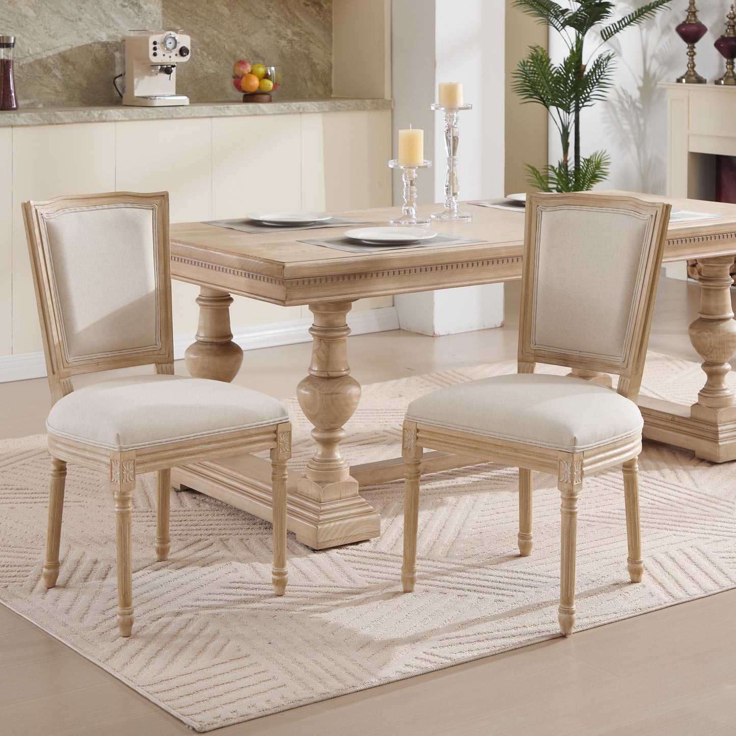 French Country Dining Chairs Set of 2, Upholstered Chairs with T-shaped Back, Wire drawing and carving techniques ,Disassemblable , for Living Room, Kitchen , Restaurant Use, Beige