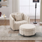 40.35'W Oversized 360° Swivel Accent Barrel Chair and Half Sofa with Ottoman, Velvet Channel Tufted Pumpkin-Shape Club Armchair & 3 Pillows with Storage Stool for Living Room, Bedroom, Lounge, BEIGE