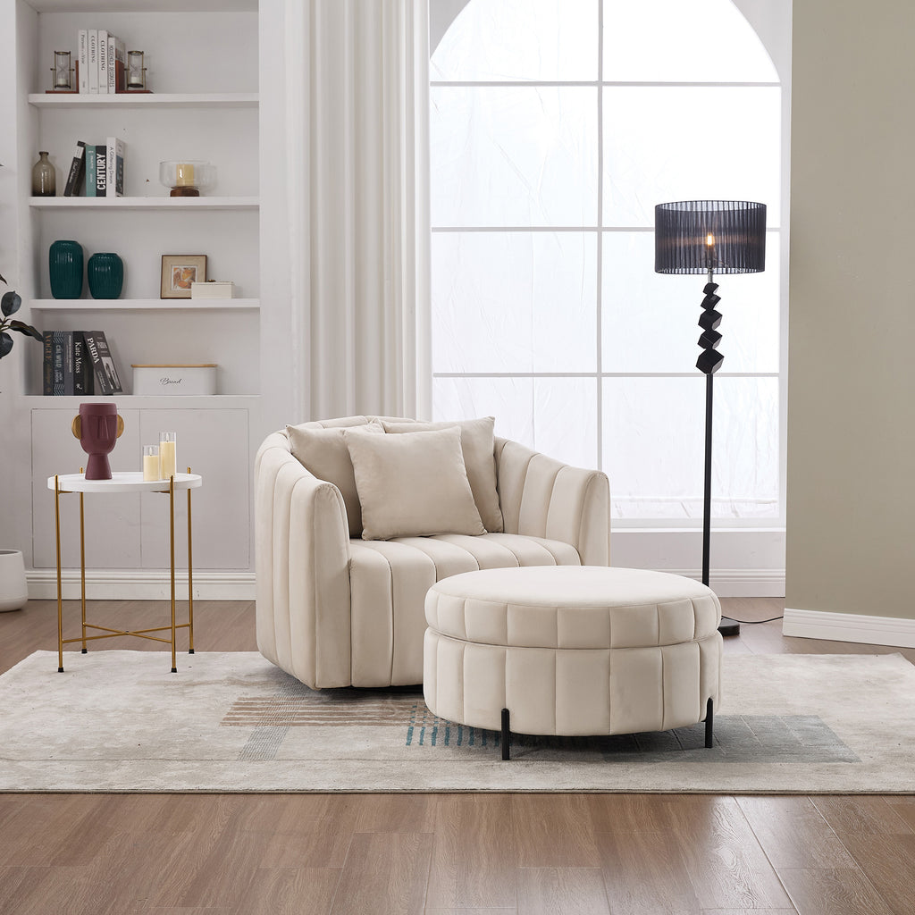 40.35'W Oversized 360° Swivel Accent Barrel Chair and Half Sofa with Ottoman, Velvet Channel Tufted Pumpkin-Shape Club Armchair & 3 Pillows with Storage Stool for Living Room, Bedroom, Lounge, BEIGE