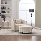 40.35'W Oversized 360° Swivel Accent Barrel Chair and Half Sofa with Ottoman, Velvet Channel Tufted Pumpkin-Shape Club Armchair & 3 Pillows with Storage Stool for Living Room, Bedroom, Lounge, BEIGE