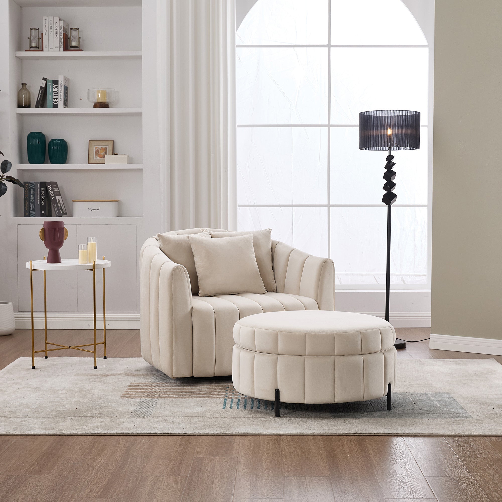 40.35'W Oversized 360° Swivel Accent Barrel Chair and Half Sofa with Ottoman, Velvet Channel Tufted Pumpkin-Shape Club Armchair & 3 Pillows with Storage Stool for Living Room, Bedroom, Lounge, BEIGE
