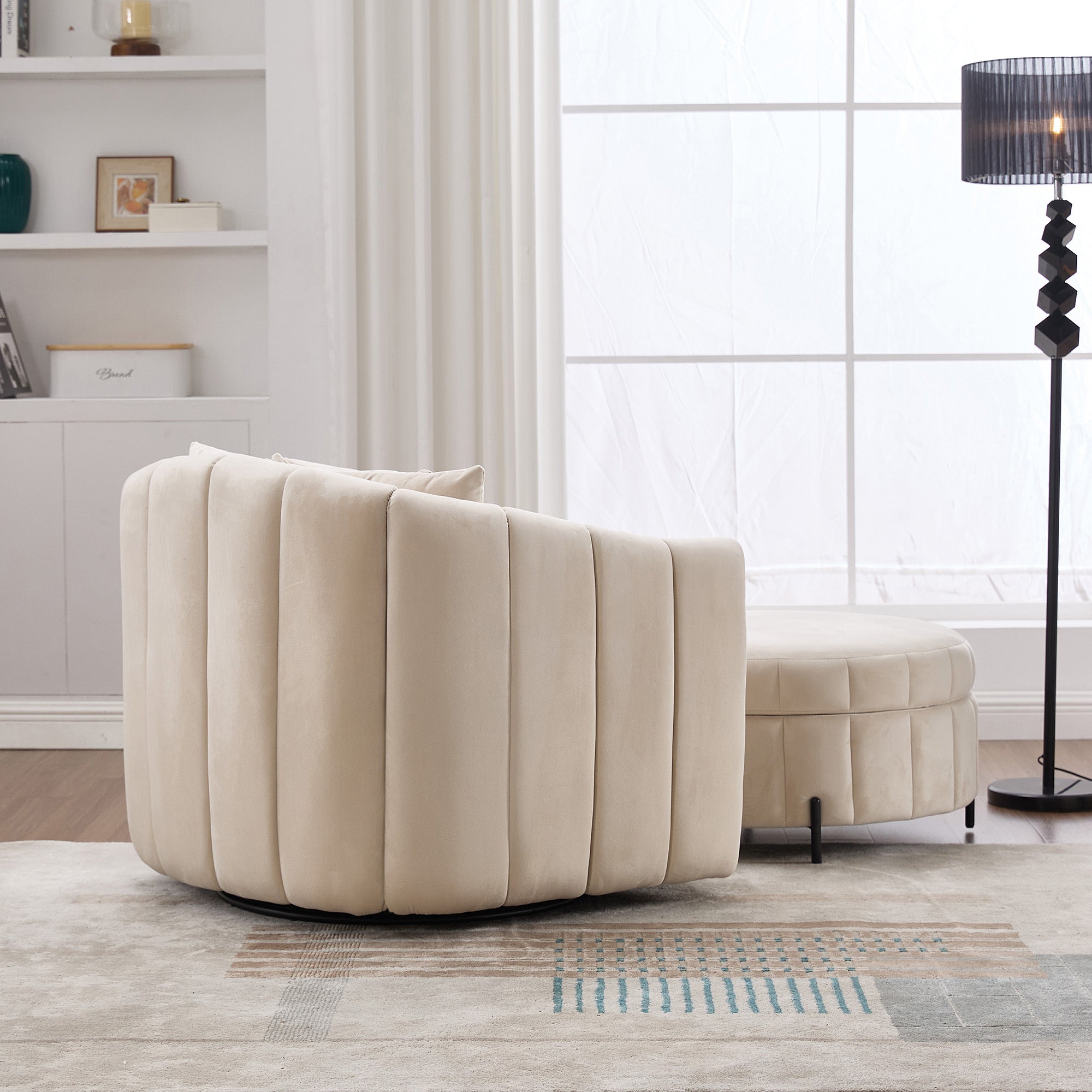40.35'W Oversized 360° Swivel Accent Barrel Chair and Half Sofa with Ottoman, Velvet Channel Tufted Pumpkin-Shape Club Armchair & 3 Pillows with Storage Stool for Living Room, Bedroom, Lounge, BEIGE