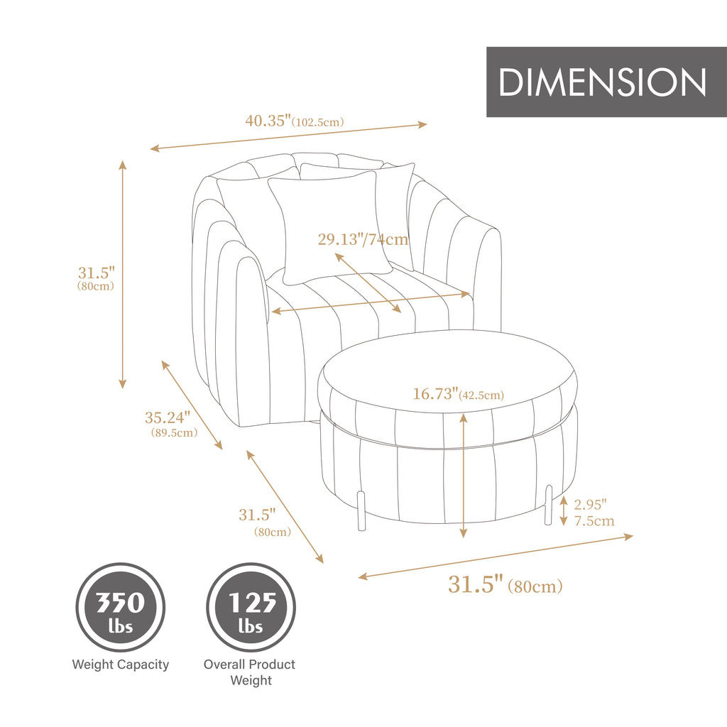 40.35'W Oversized 360° Swivel Accent Barrel Chair and Half Sofa with Ottoman, Velvet Channel Tufted Pumpkin-Shape Club Armchair & 3 Pillows with Storage Stool for Living Room, Bedroom, Lounge, BEIGE