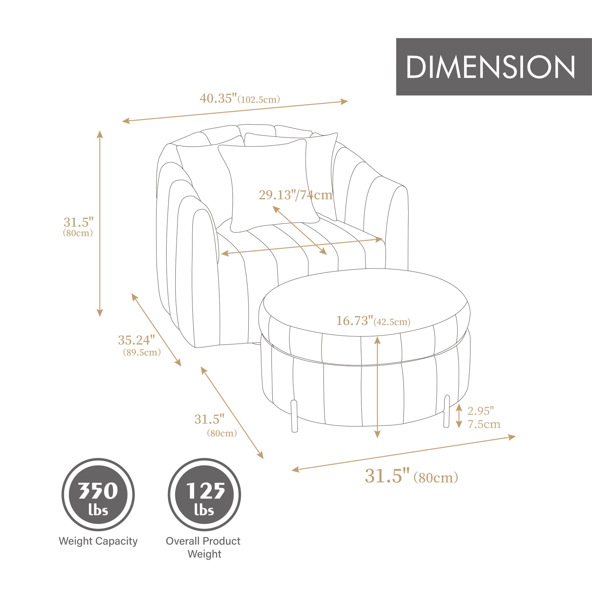 40.35'W Oversized 360° Swivel Accent Barrel Chair and Half Sofa with Ottoman, Velvet Channel Tufted Pumpkin-Shape Club Armchair & 3 Pillows with Storage Stool for Living Room, Bedroom, Lounge, BEIGE