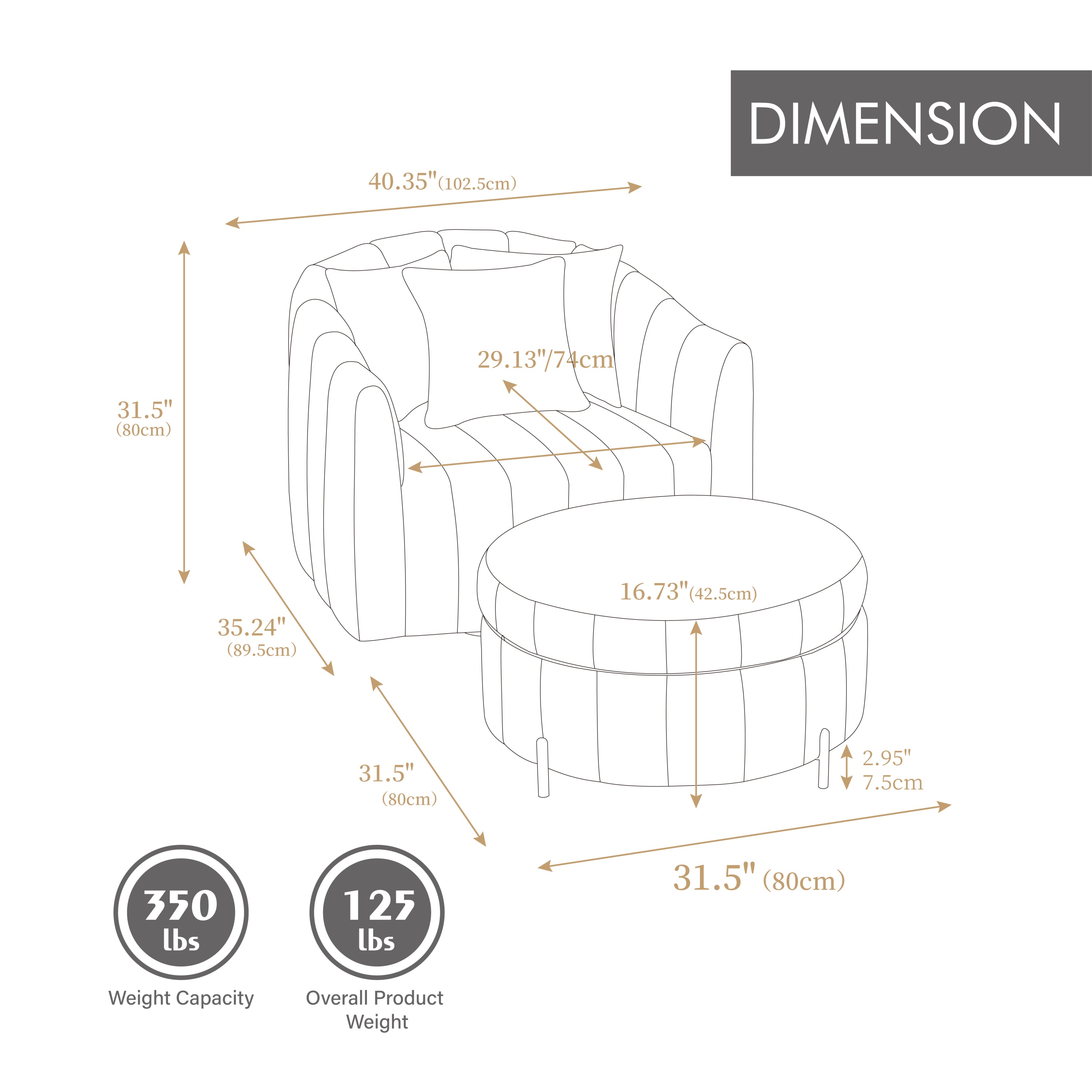 40.35'W Oversized 360° Swivel Accent Barrel Chair and Half Sofa with Ottoman, Velvet Channel Tufted Pumpkin-Shape Club Armchair & 3 Pillows with Storage Stool for Living Room, Bedroom, Lounge, BEIGE