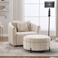 40.35'W Oversized 360° Swivel Accent Barrel Chair and Half Sofa with Ottoman, Velvet Channel Tufted Pumpkin-Shape Club Armchair & 3 Pillows with Storage Stool for Living Room, Bedroom, Lounge, BEIGE