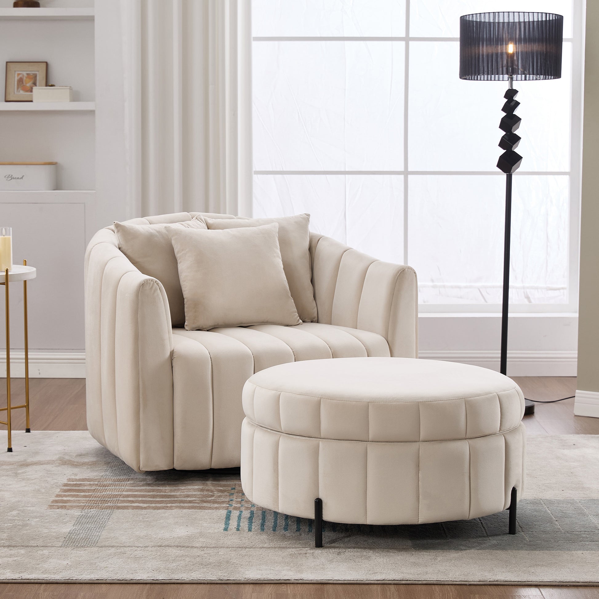 40.35'W Oversized 360° Swivel Accent Barrel Chair and Half Sofa with Ottoman, Velvet Channel Tufted Pumpkin-Shape Club Armchair & 3 Pillows with Storage Stool for Living Room, Bedroom, Lounge, BEIGE