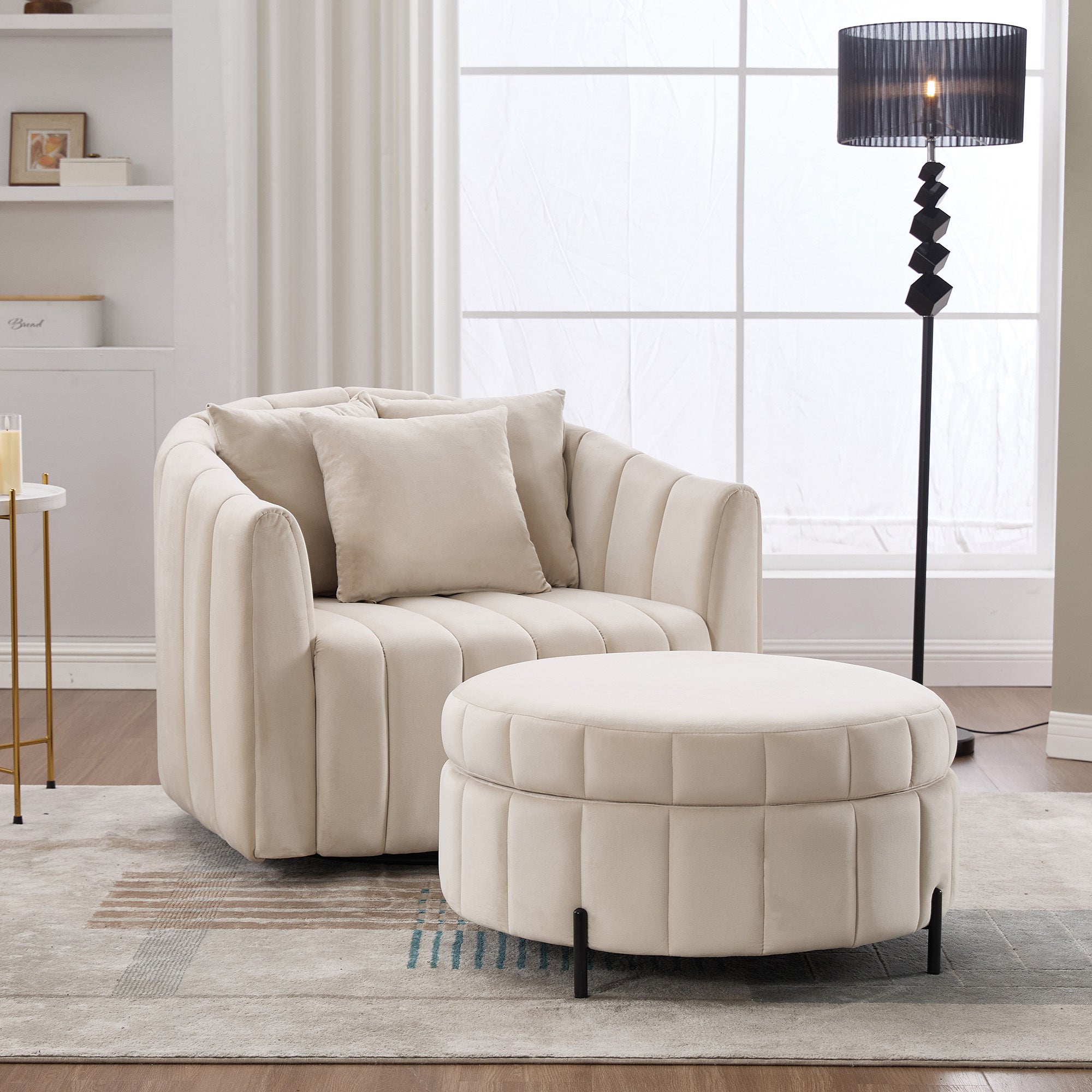 40.35'W Oversized 360° Swivel Accent Barrel Chair and Half Sofa with Ottoman, Velvet Channel Tufted Pumpkin-Shape Club Armchair & 3 Pillows with Storage Stool for Living Room, Bedroom, Lounge, BEIGE