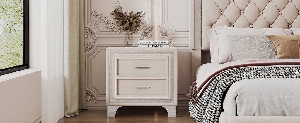 Mid Century Vintage Nightstand with Metal Legs for Bedroom, Velvet Bedside Table with 2 Drawers, Fully Assembled Except Legs and Handles, Beige