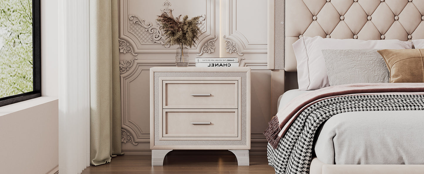 Mid Century Vintage Nightstand with Metal Legs for Bedroom, Velvet Bedside Table with 2 Drawers, Fully Assembled Except Legs and Handles, Beige