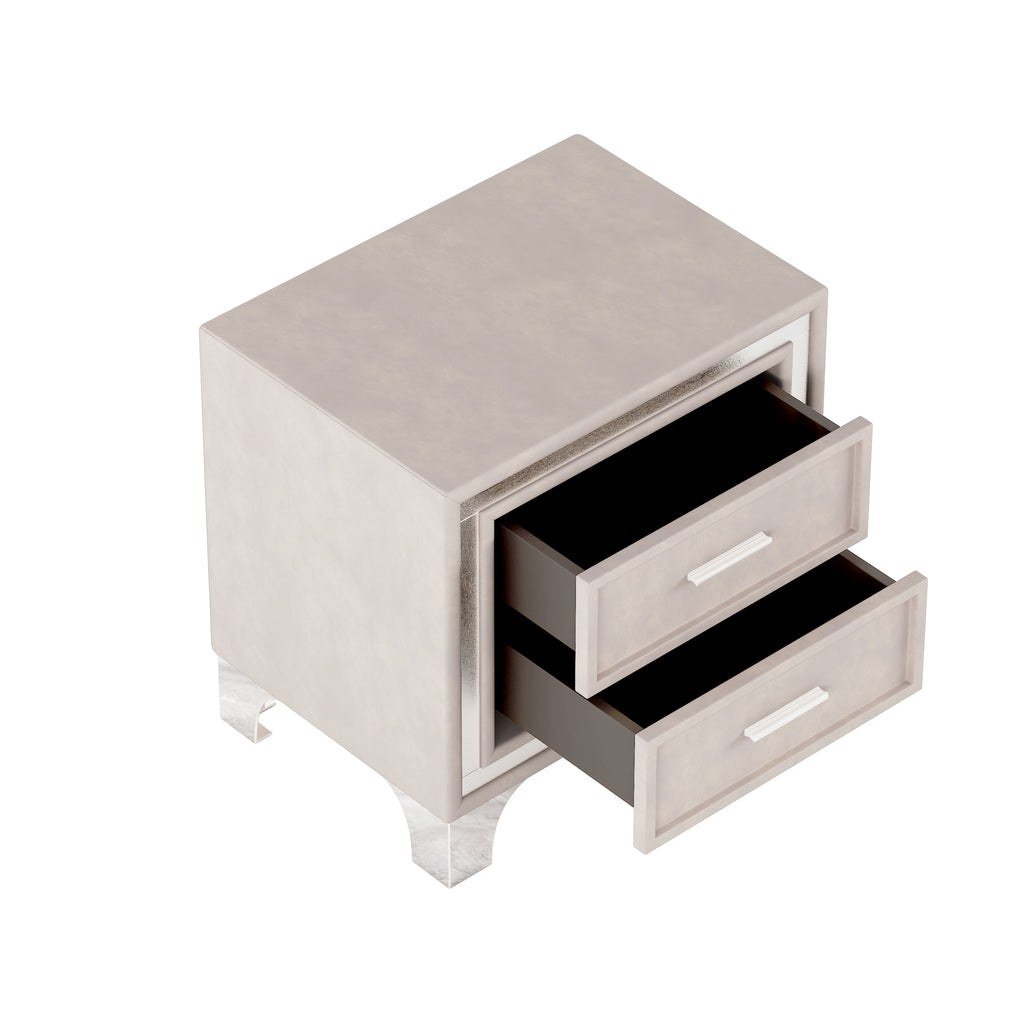 Mid Century Vintage Nightstand with Metal Legs for Bedroom, Velvet Bedside Table with 2 Drawers, Fully Assembled Except Legs and Handles, Beige