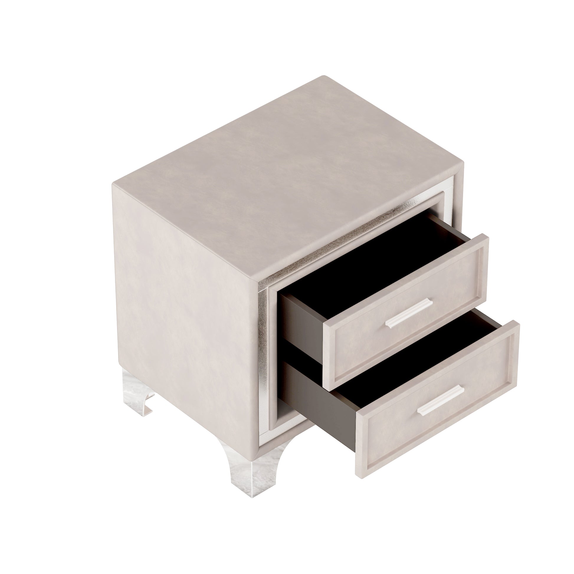 Mid Century Vintage Nightstand with Metal Legs for Bedroom, Velvet Bedside Table with 2 Drawers, Fully Assembled Except Legs and Handles, Beige