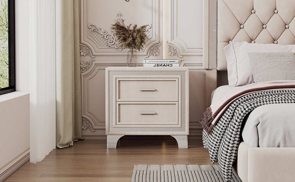 Mid Century Vintage Nightstand with Metal Legs for Bedroom, Velvet Bedside Table with 2 Drawers, Fully Assembled Except Legs and Handles, Beige