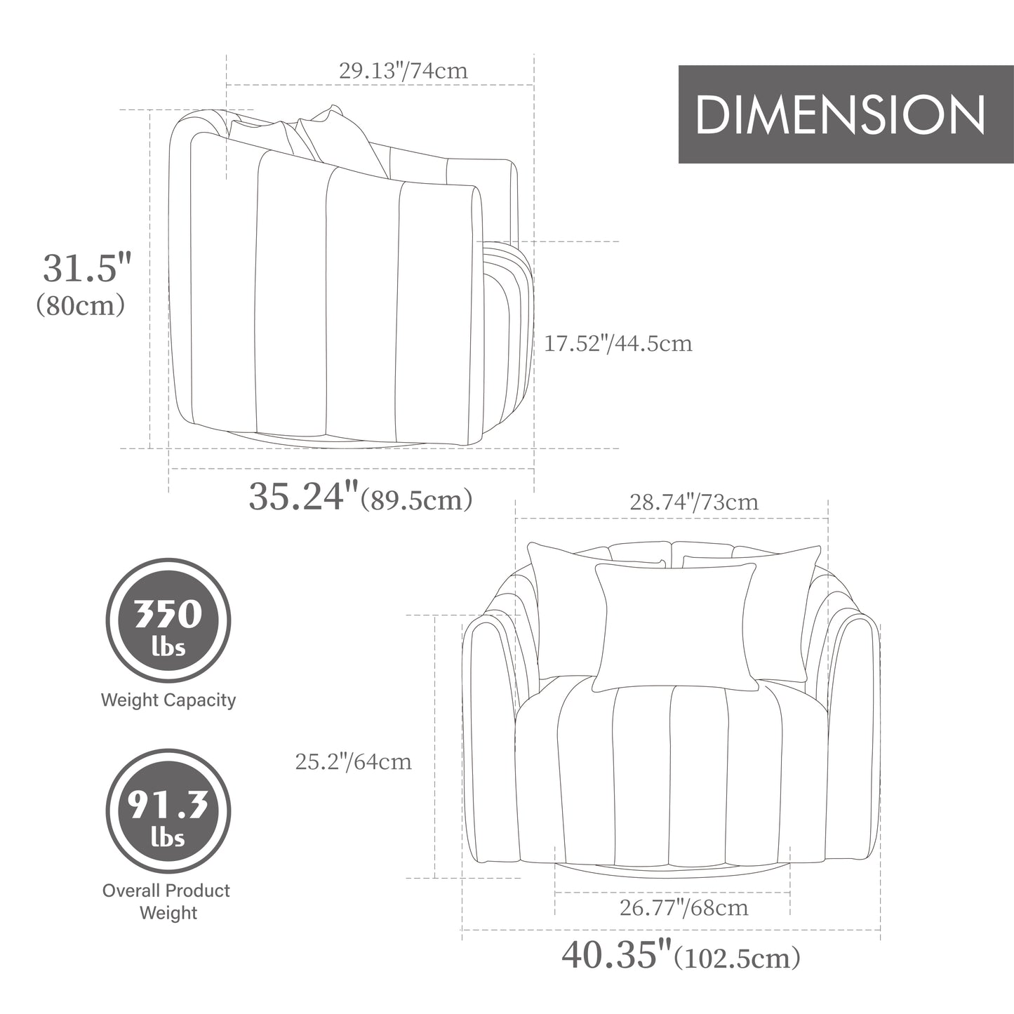 40.35'W Upholstered Oversized 360° Swivel Accent Barrel Chair and Half Cozy Sofa with 3 Pillows, Velvet Channel Tufted Pumpkin-Shape Club Armchair for Living Room, Bedroom, Office, Lounge,BEIGE