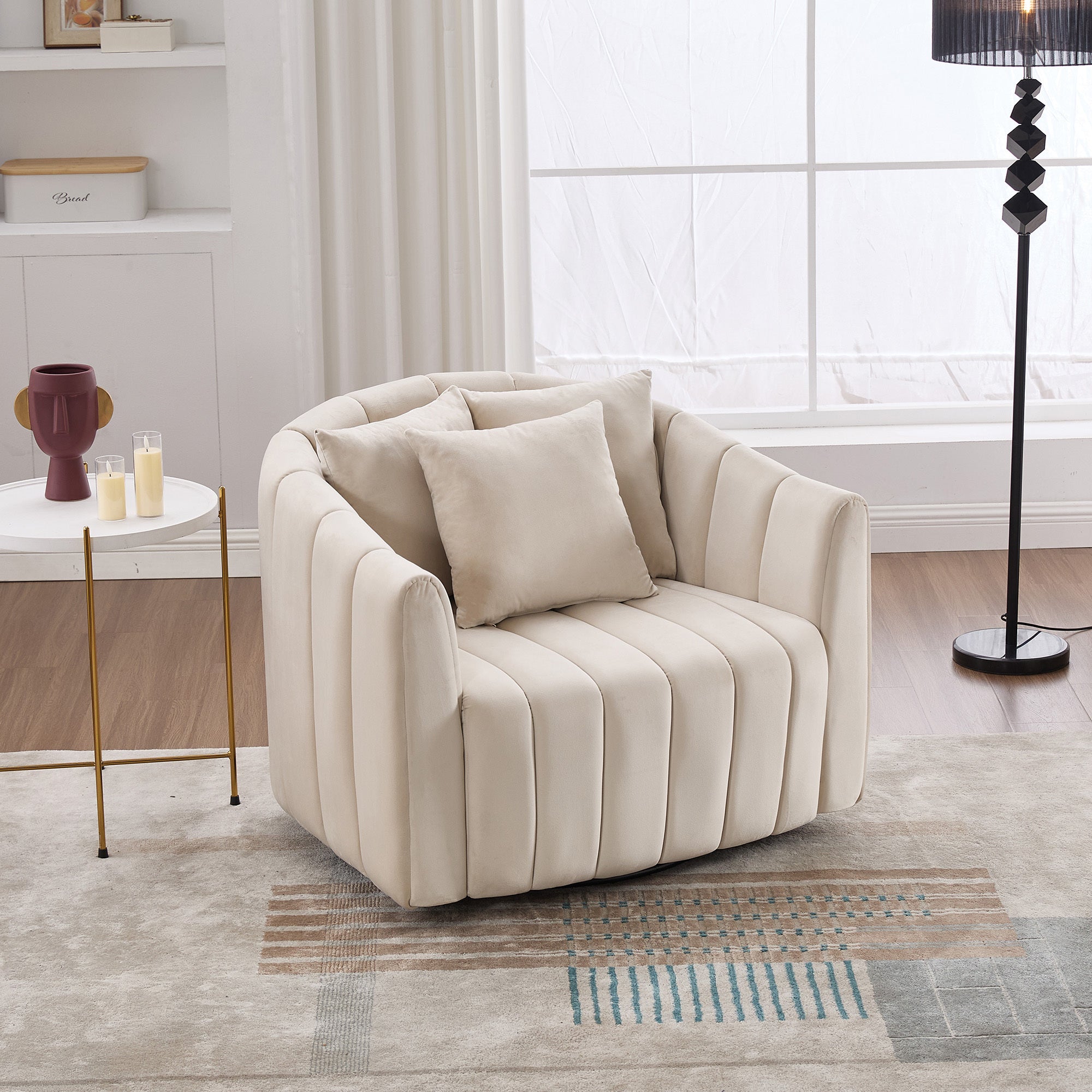 40.35'W Upholstered Oversized 360° Swivel Accent Barrel Chair and Half Cozy Sofa with 3 Pillows, Velvet Channel Tufted Pumpkin-Shape Club Armchair for Living Room, Bedroom, Office, Lounge,BEIGE