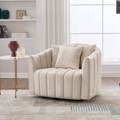 40.35'W Upholstered Oversized 360° Swivel Accent Barrel Chair and Half Cozy Sofa with 3 Pillows, Velvet Channel Tufted Pumpkin-Shape Club Armchair for Living Room, Bedroom, Office, Lounge,BEIGE