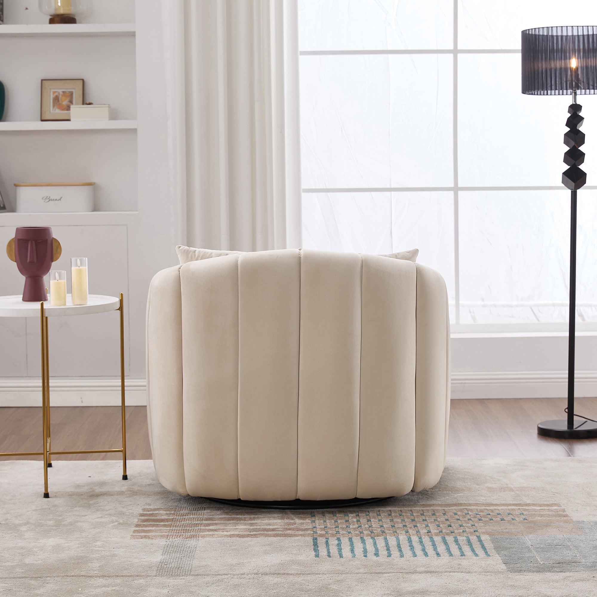 40.35'W Upholstered Oversized 360° Swivel Accent Barrel Chair and Half Cozy Sofa with 3 Pillows, Velvet Channel Tufted Pumpkin-Shape Club Armchair for Living Room, Bedroom, Office, Lounge,BEIGE