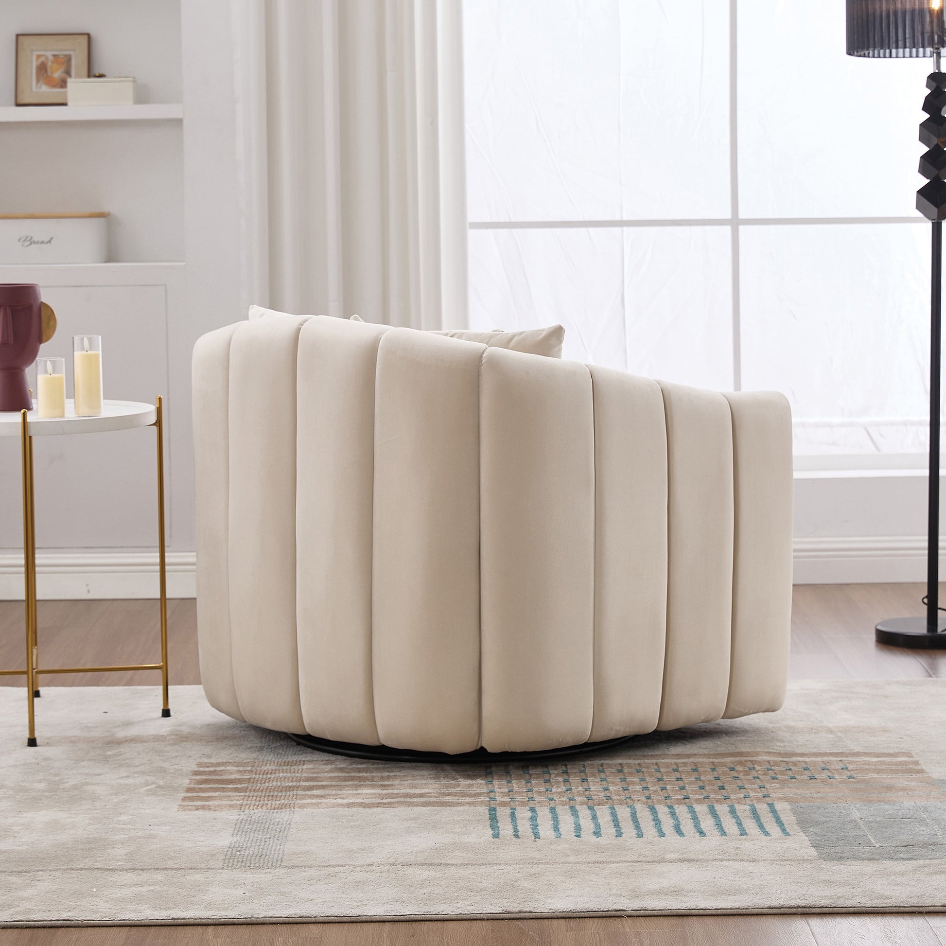 40.35'W Upholstered Oversized 360° Swivel Accent Barrel Chair and Half Cozy Sofa with 3 Pillows, Velvet Channel Tufted Pumpkin-Shape Club Armchair for Living Room, Bedroom, Office, Lounge,BEIGE