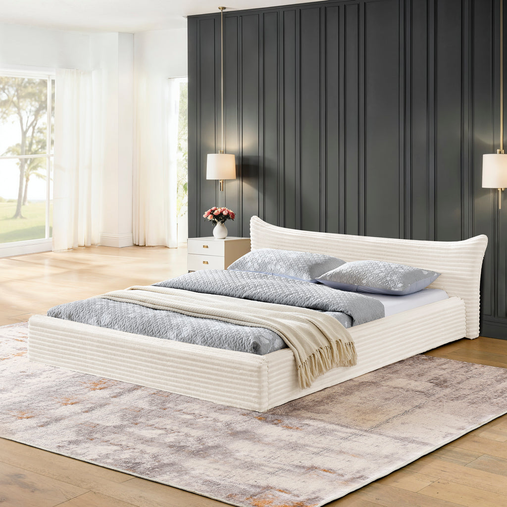 Modern Queen Size Upholstered Platform Bed Frame with Curved Headboard in Beige Velvet Fabric