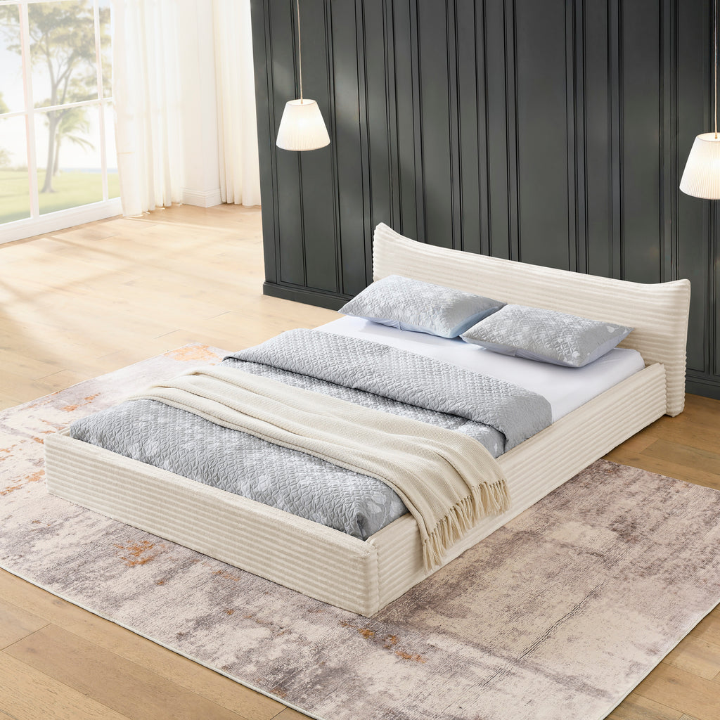 Modern Queen Size Upholstered Platform Bed Frame with Curved Headboard in Beige Velvet Fabric