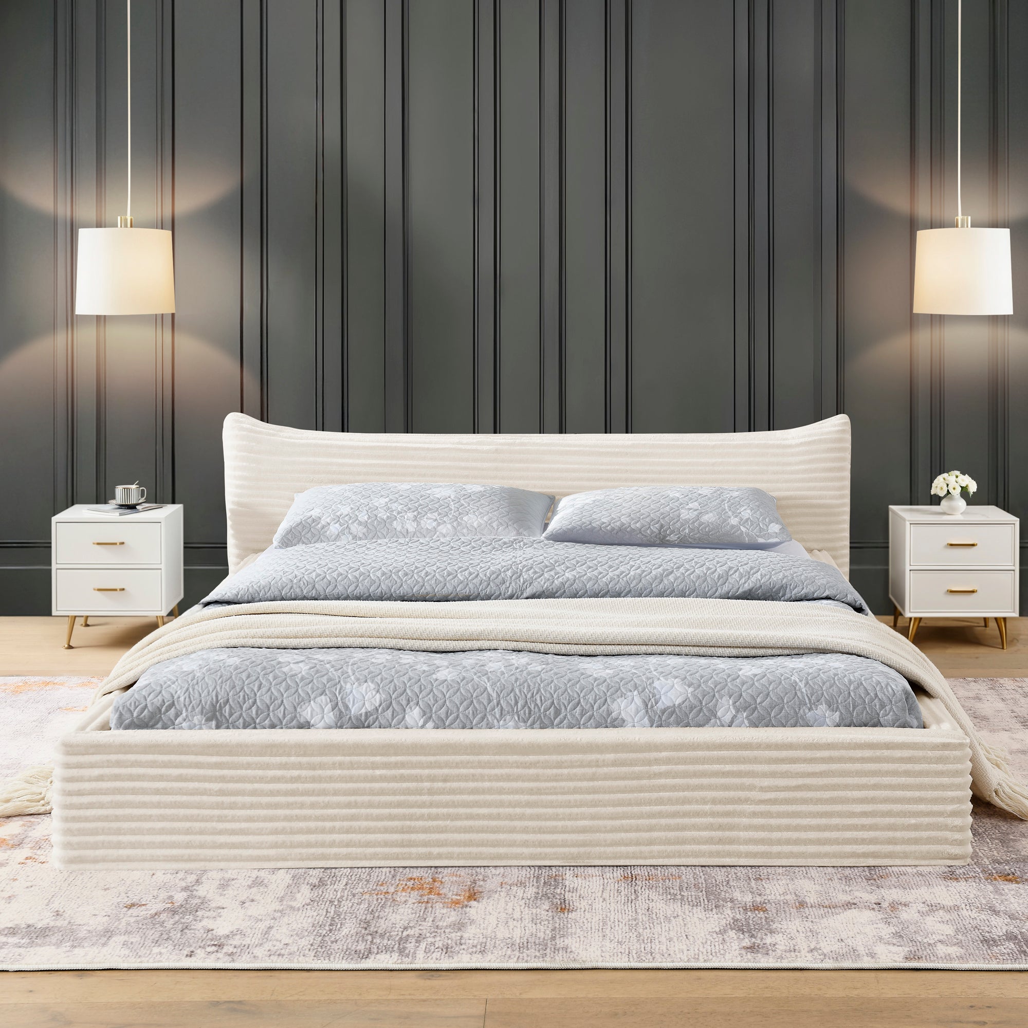 Modern Queen Size Upholstered Platform Bed Frame with Curved Headboard in Beige Velvet Fabric