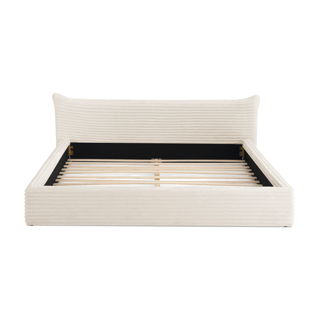 Modern Queen Size Upholstered Platform Bed Frame with Curved Headboard in Beige Velvet Fabric