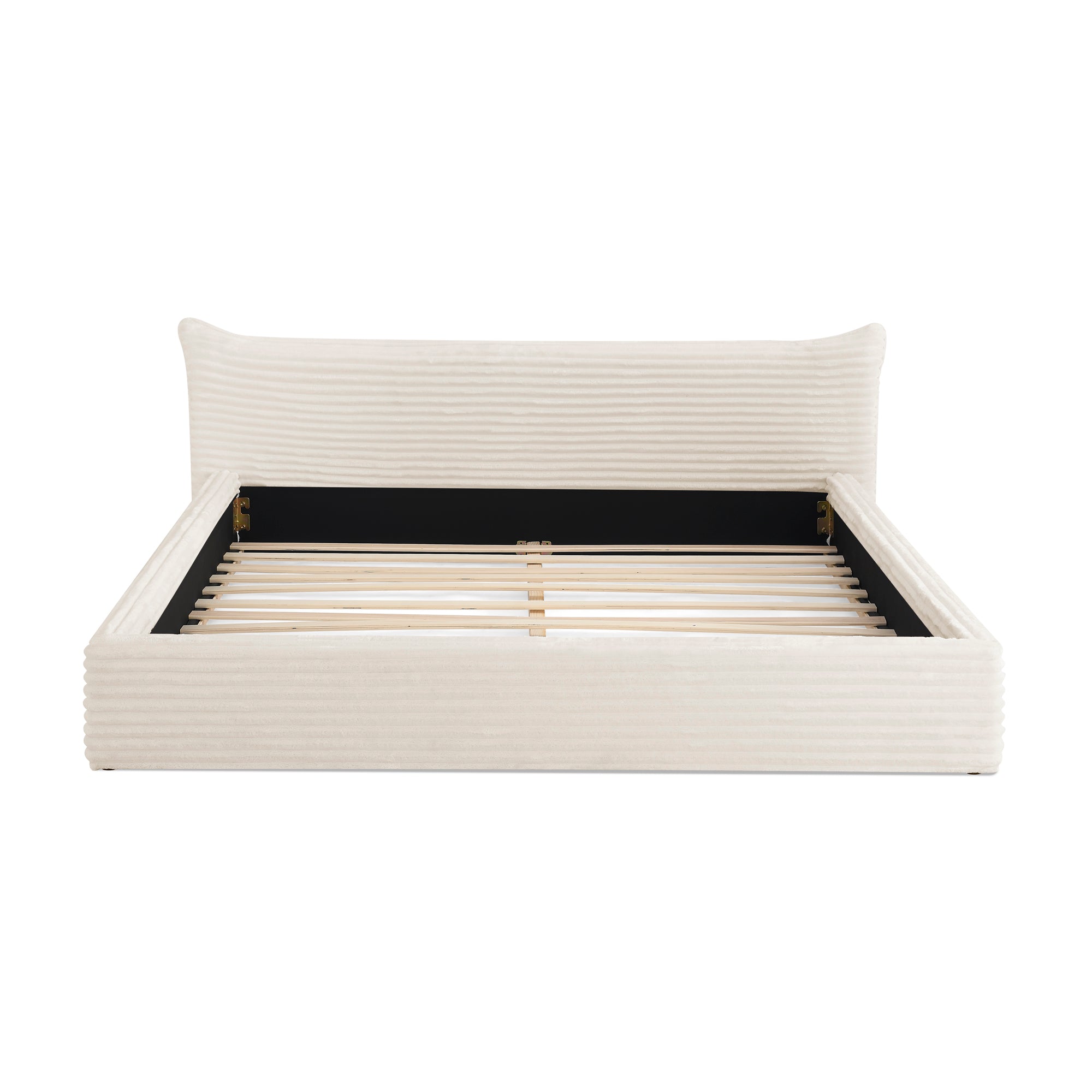 Modern Queen Size Upholstered Platform Bed Frame with Curved Headboard in Beige Velvet Fabric