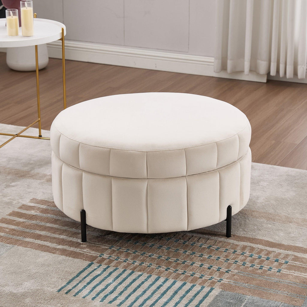 Beige Velvet Upholstered Round Ottoman With Storage.