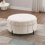 Beige Velvet Upholstered Round Ottoman With Storage.