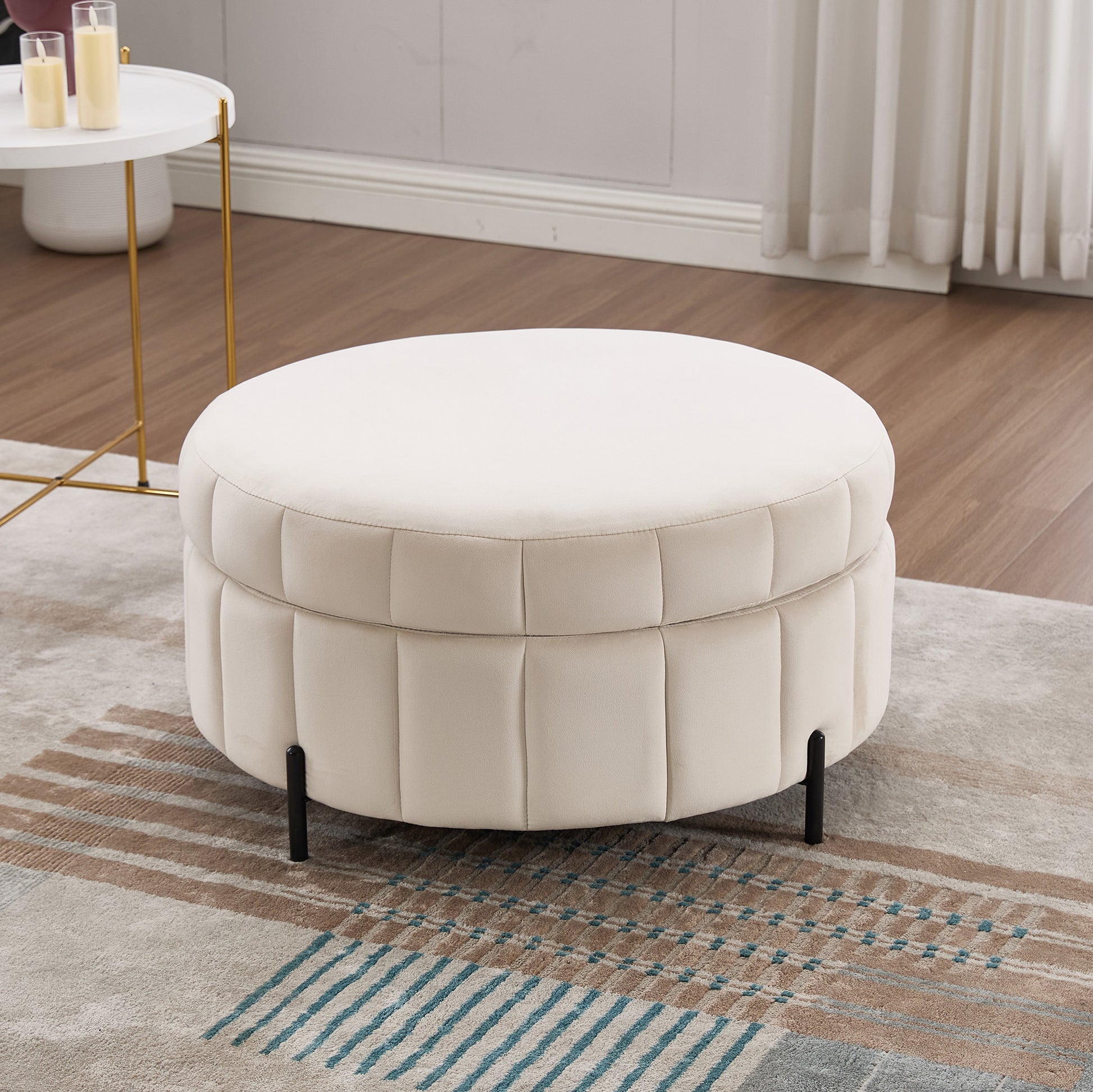 31.5'W Upholstered Round Ottoman With Reversible Lid, Velvet Storage Stool, Channel Tufted Pumpkin-shape Footstool for Living room, Bedroom and Office, Beige