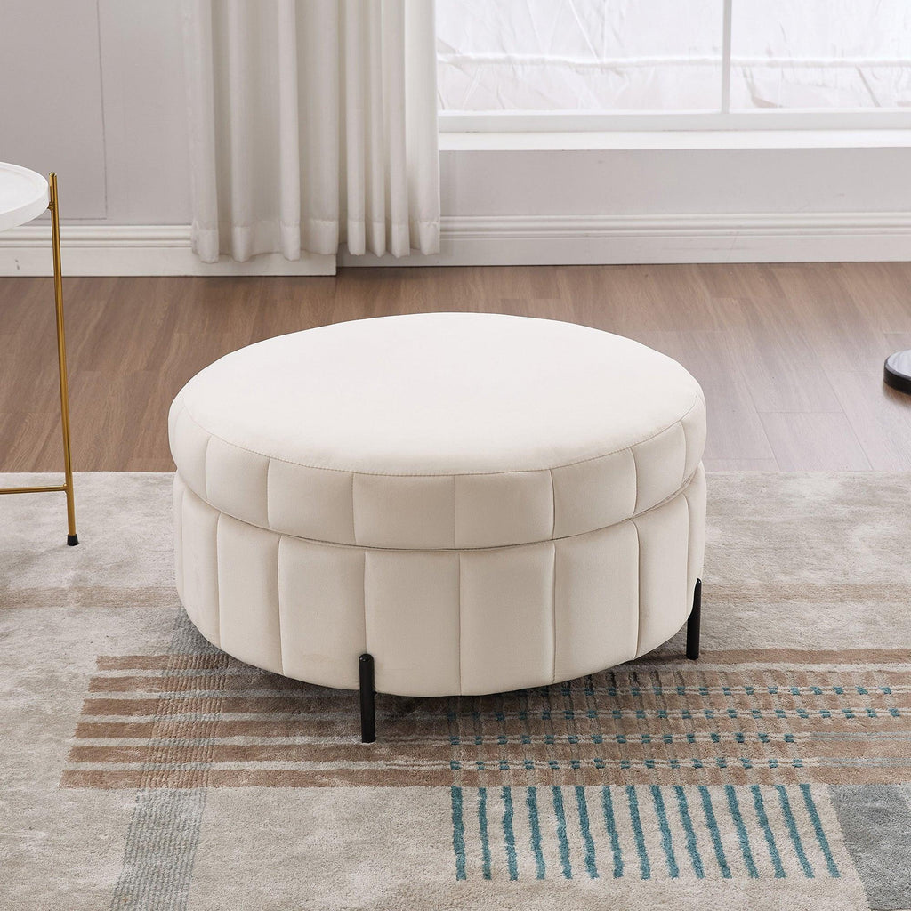 Beige Velvet Upholstered Round Ottoman With Storage.